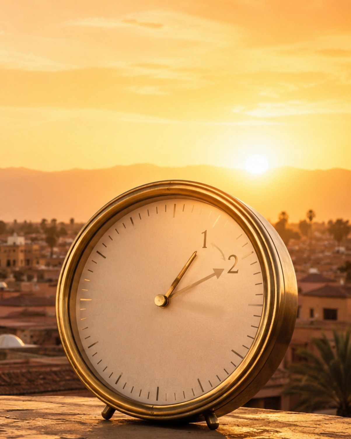 Horloge au coucher du soleil à Marrakech, retour à l'heure GMT le 20 septembre