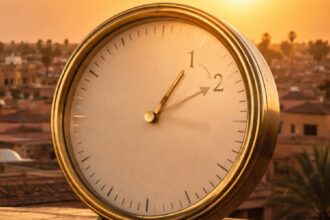 Horloge au coucher du soleil sur Marrakech, retour à l'heure GMT le 20 septembre