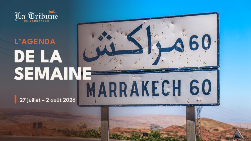 Panneau routier indiquant Marrakech à 60 km, visuel de l'agenda de la semaine de La Tribune de Marrakech