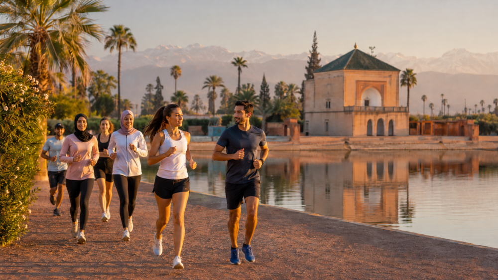 Coureur sur route au petit matin à Marrakech en été