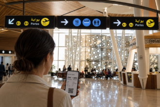 Voyageuse présentant une carte d'embarquement numérique avec QR code sur son smartphone dans un aéroport marocain