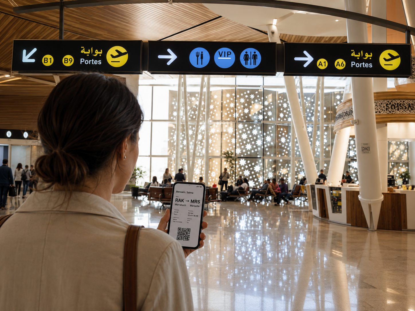 Voyageuse présentant une carte d'embarquement numérique avec QR code sur son smartphone dans un aéroport marocain