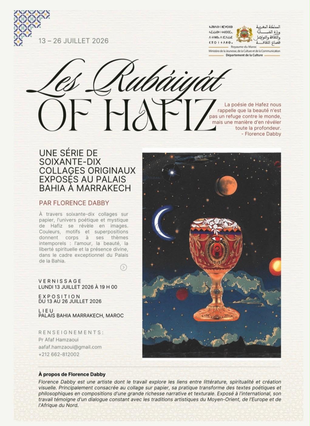 Affiche de l’exposition Les Rubáiyát of Hafiz de Florence Dabby au Palais Bahia à Marrakech